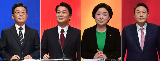 지난 2월21일 오후 서울 마포구 MBC 미디어센터 공개홀에서 열린 중앙선거방송토론위원회 주관 제20대 대통령선거 후보 초청 1차 토론회에 앞서 대선 후보들이 토론 준비를 하고 있다. 왼쪽부터 이재명 더불어민주당·안철수 국민의당·심상정 정의당·윤석열 국민의힘 대선후보.<공동취재·연합뉴스>